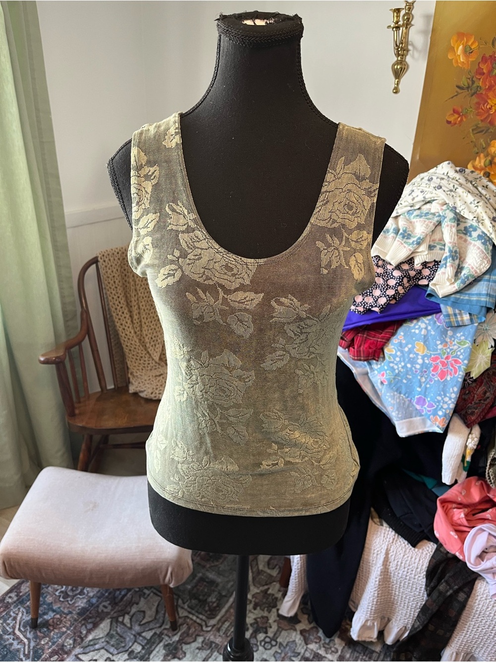 Y2K Olive Green Floral Cami - Size Medium